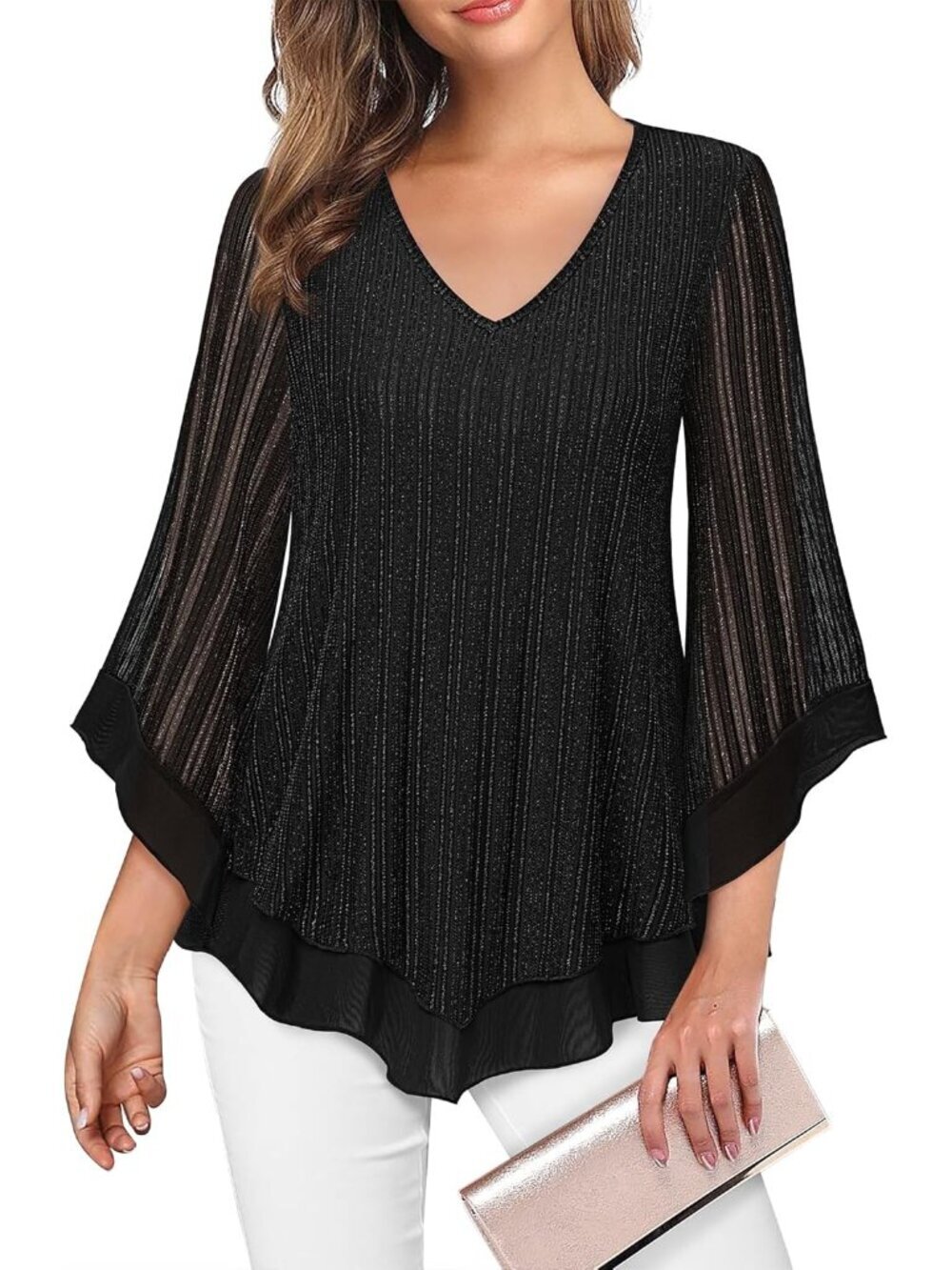 Women's Mesh Shirt Black Double Layer Ruffle 3/4 Flared Sleeve Blouse Tunic Top